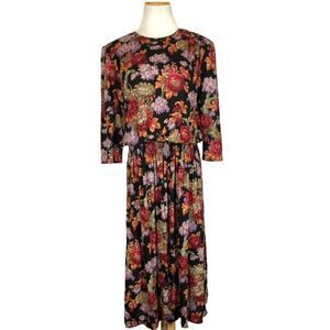 Vintage 80's Dennis Goldsmith Floral Smocked Waist Midi Dress sz 14 Grandmacore,